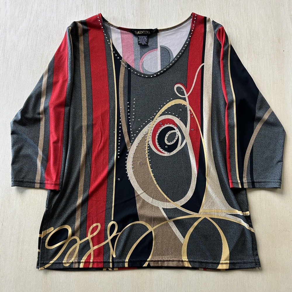 Valentina Blouse Womens Medium Multicolor Geometric Rhinestone Scoop 3/4 Sleeve